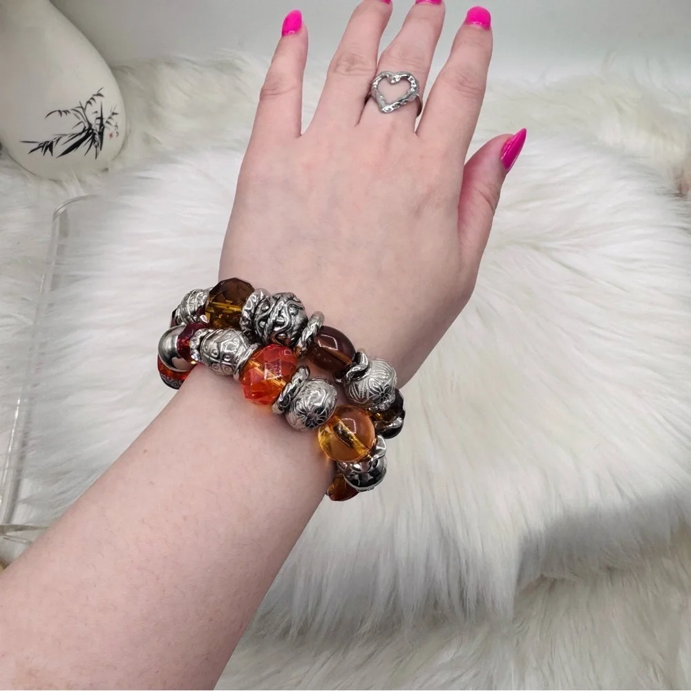 Autumn Amber & Silver Charm Bracelet Set – Chunky Beaded Stretch